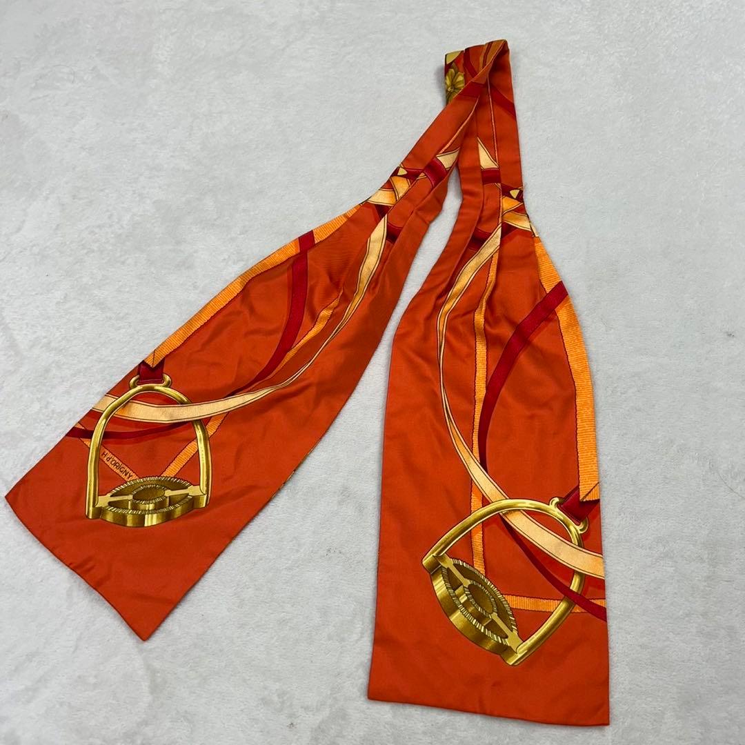 G186 エルメス アスコットタイ シルク100% オレンジ メンズ レディース