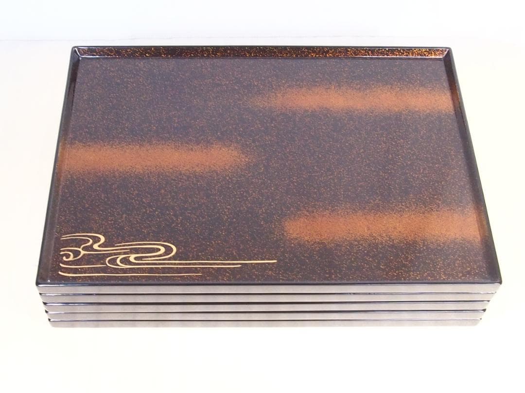 【未使用あり】輪島塗 長手脇引膳 5客 梨地霞/波蒔絵 卓上膳/懐石膳/会席膳