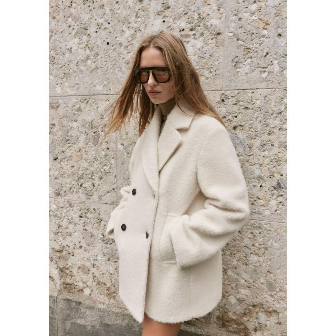 ZARA ブークレ ダブルブレストミディ丈 コート S