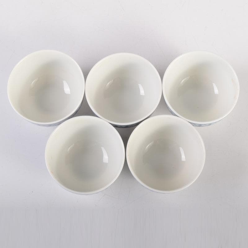 煎茶道具　賣茶好　染付　雁木文　茶碗　五客　共箱　V　7899