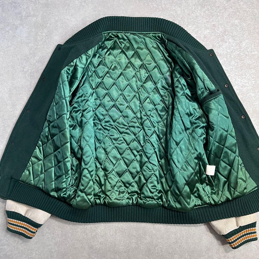 【美品】80sヴィンテージ ウールレザースタジャン 無地 グリーンホワイト L