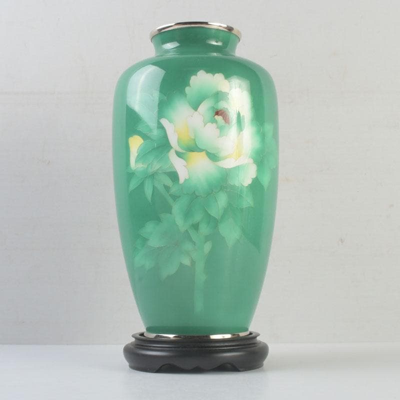 七宝焼　安井幸晴作　牡丹文　花瓶　唐木台付　共箱　V　9556