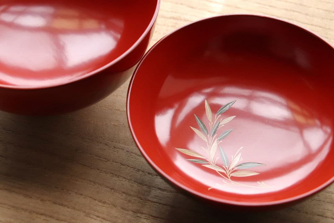 CG34 輪島塗 時代木製漆器 竹笹蒔絵 朱塗御吸物椀 五客 / 伝統漆芸茶懐石