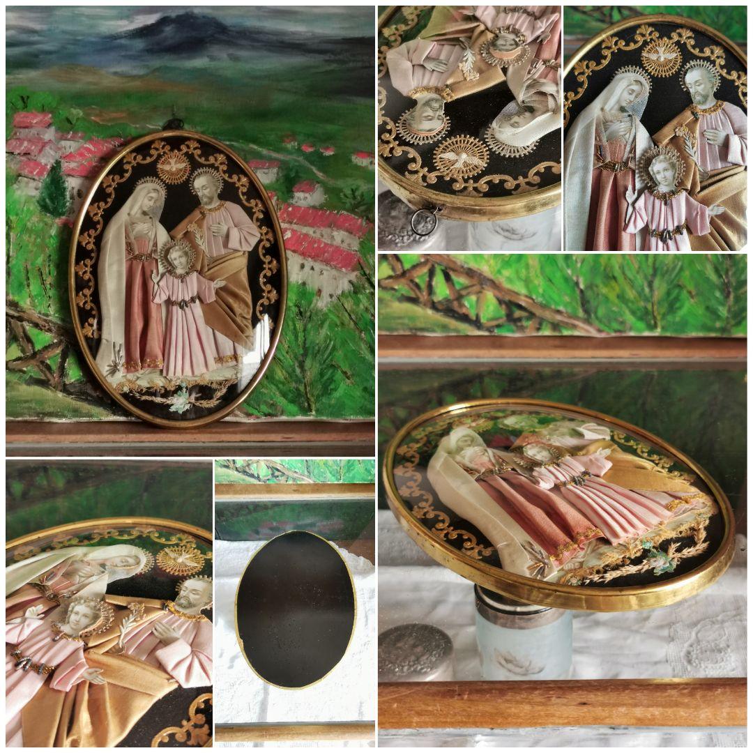 アンティークベルギー 聖家族の布肖像イコン ドーム ボンベガラス マリア イエス