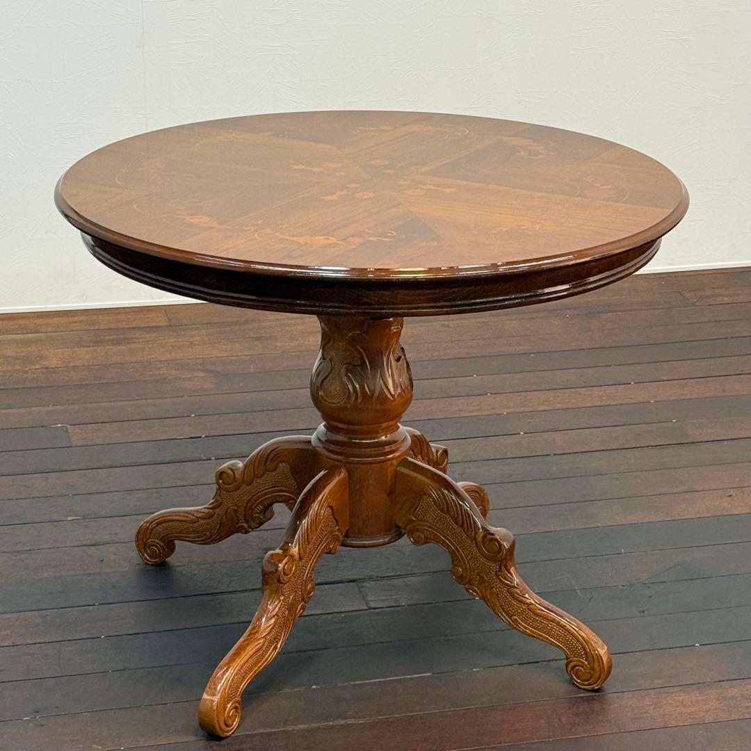 H21K13a イタリア製 象嵌細工 猫脚 ラウンドテーブル