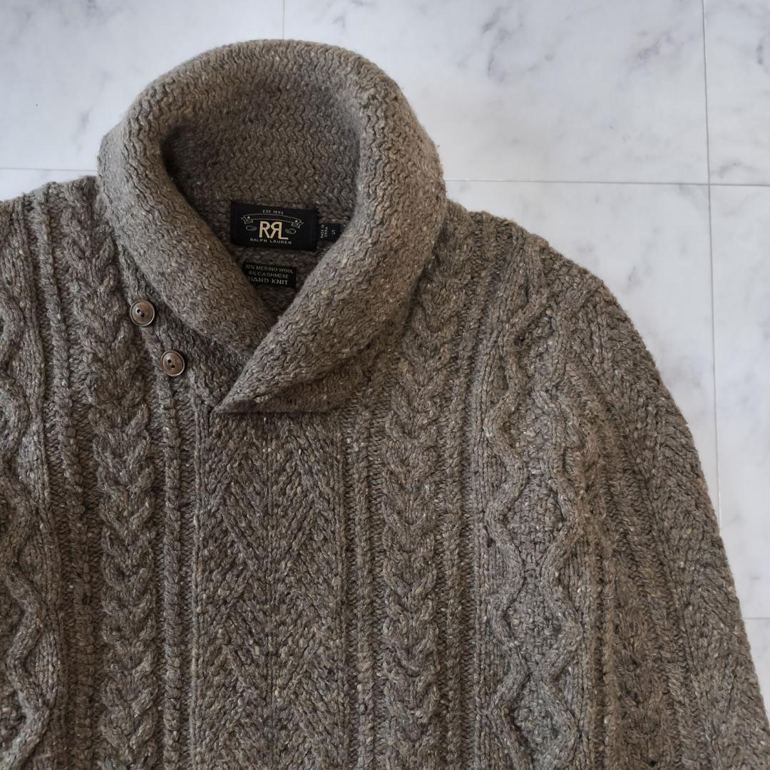RRL カシミヤ混ウール ショールカラーケーブルハンドニット S アランニット