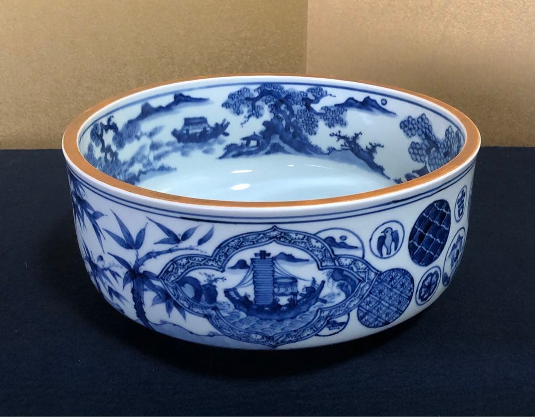 《R》真葛祥瑞写 染付 平水指 真葛香斎 而妙斎宗匠 共布共箱 260114き3