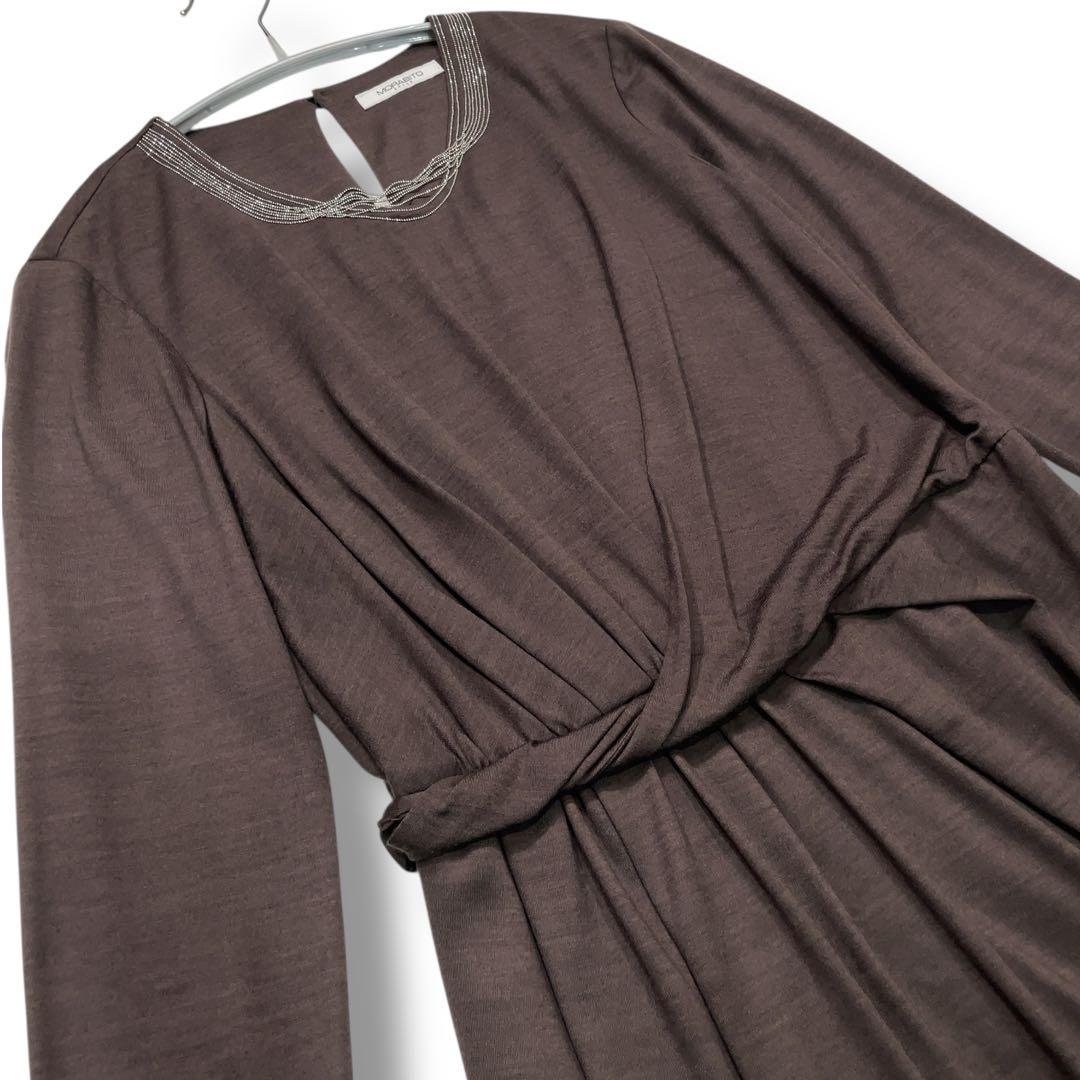 極美品 モラビト 上質ウール100% ビーズ装飾 ドレープワンピース 38