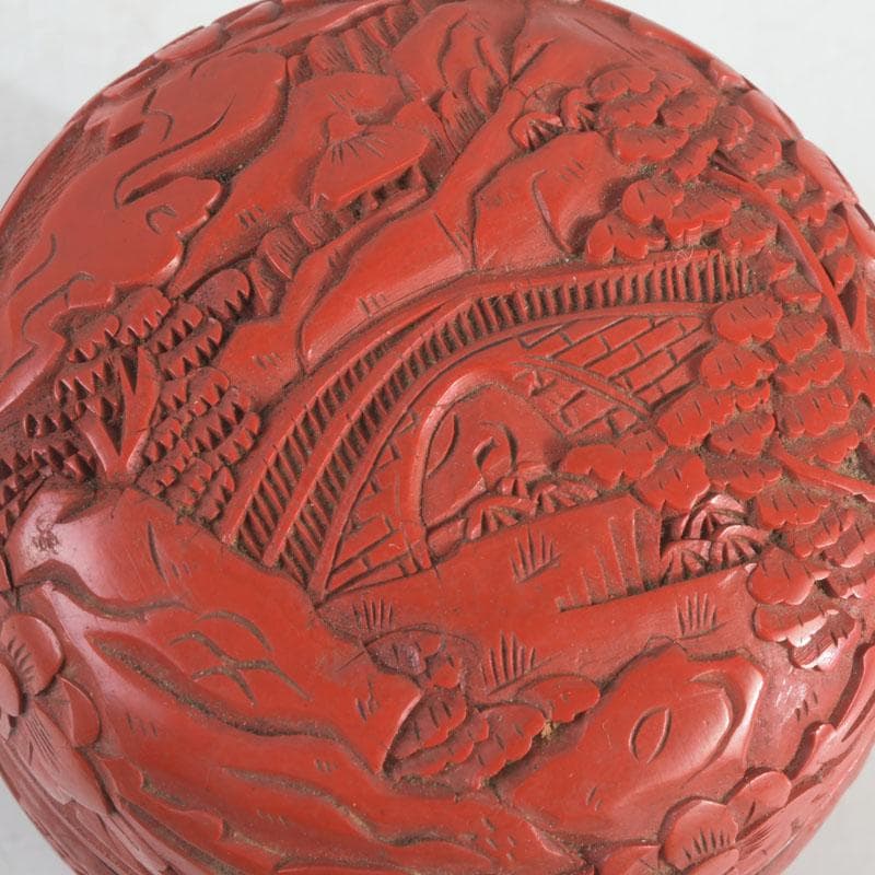 中国　剔紅　堆朱　花草山水刻　棗　時代箱　V　9767