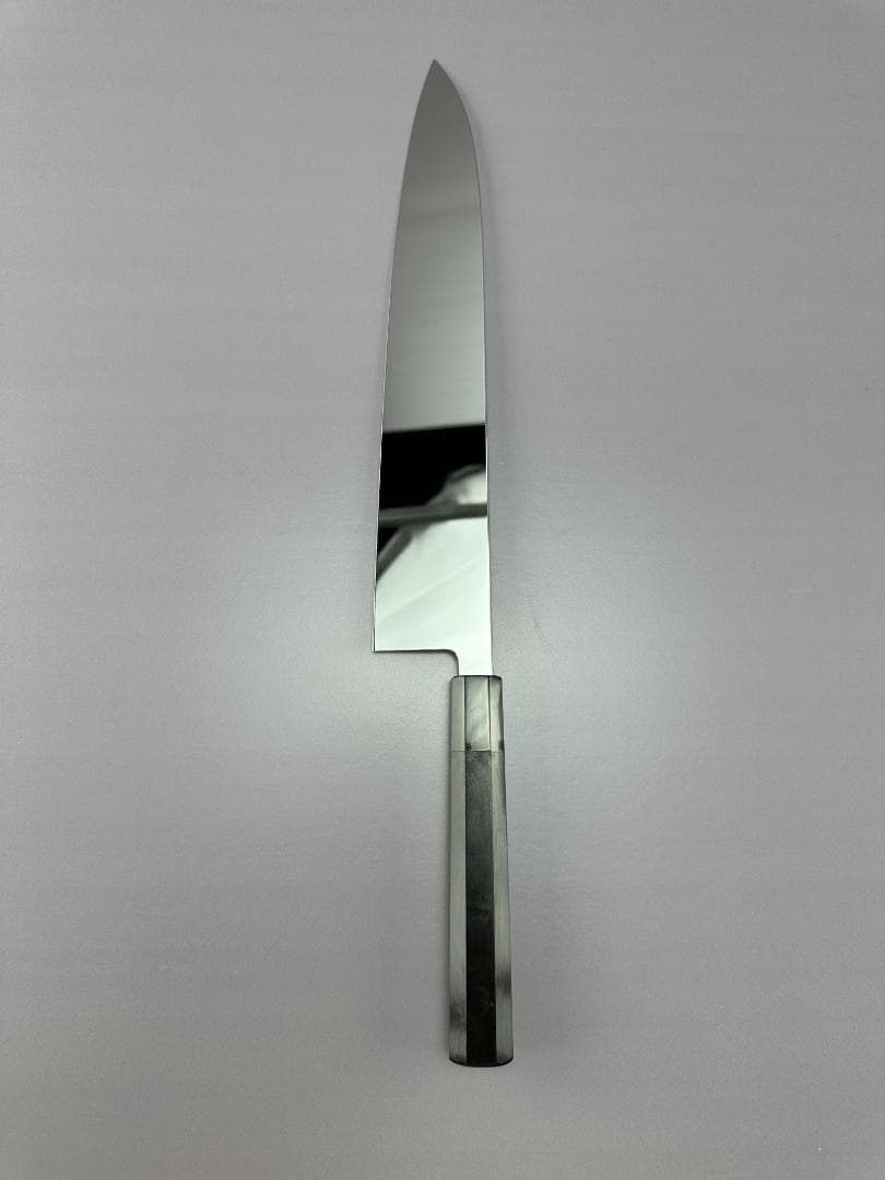 5512特大牛刀 尺一 ウルトラ鏡面仕上げ 両刃包丁 刺身包丁 黒檀黒水牛八角柄