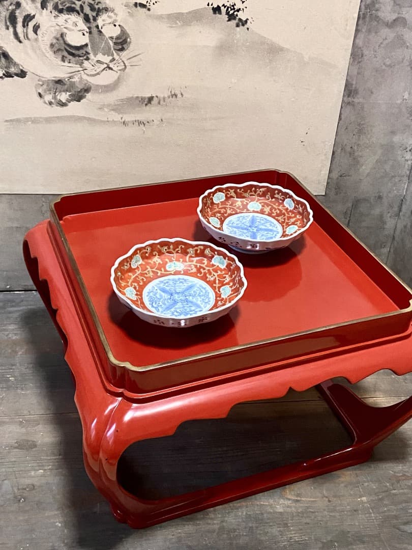 能登蔵出し 輪島塗 朱漆 金縁 脚付膳 / 時代 朱塗 漆器膳 正月