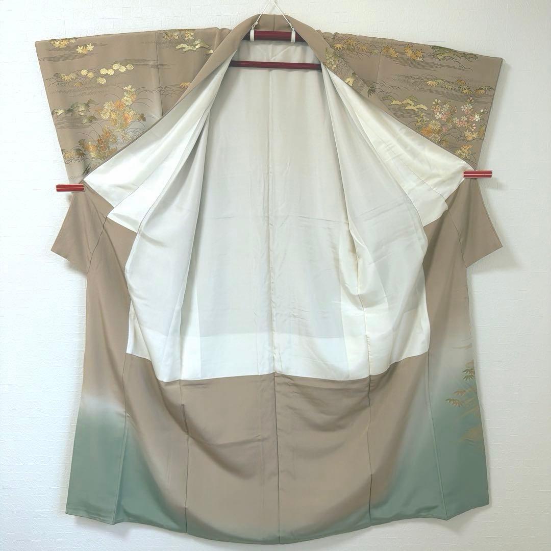 498 訪問着フルセット 正絹 一つ紋 ベージュ グレージュ 金彩 暈し染め