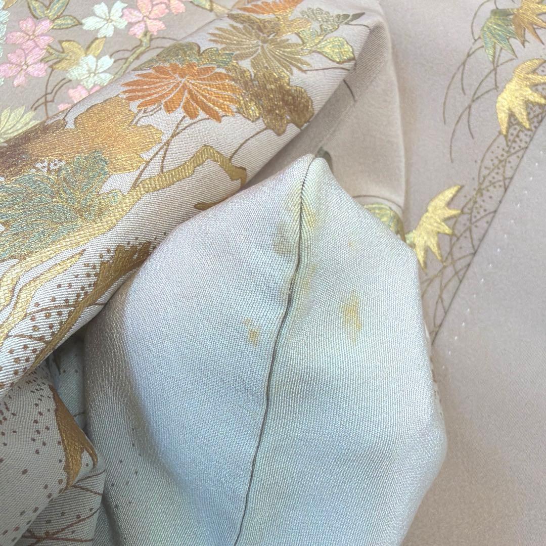 498 訪問着フルセット 正絹 一つ紋 ベージュ グレージュ 金彩 暈し染め