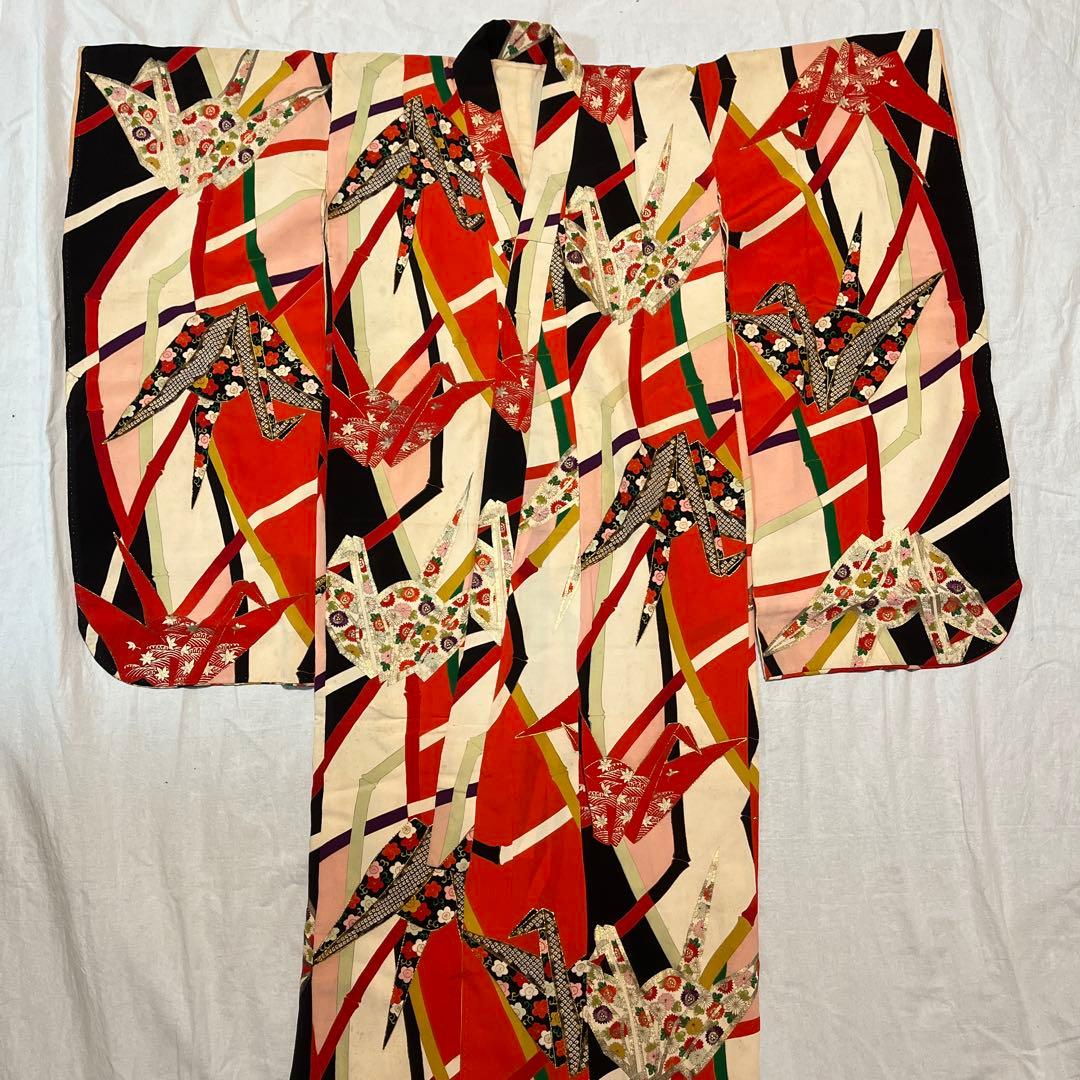 七五三　7歳　着物　アンティーク　鶴　カラフル　正絹　セット