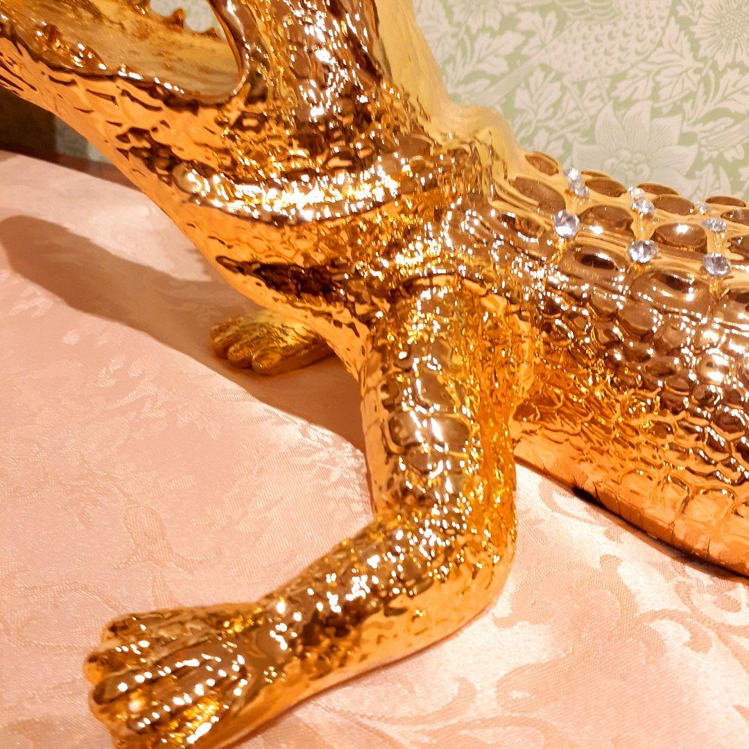 輸入雑貨　アニマルオブジェ　クリスタル&24金仕様　『クロコダイル』金色　縁起物