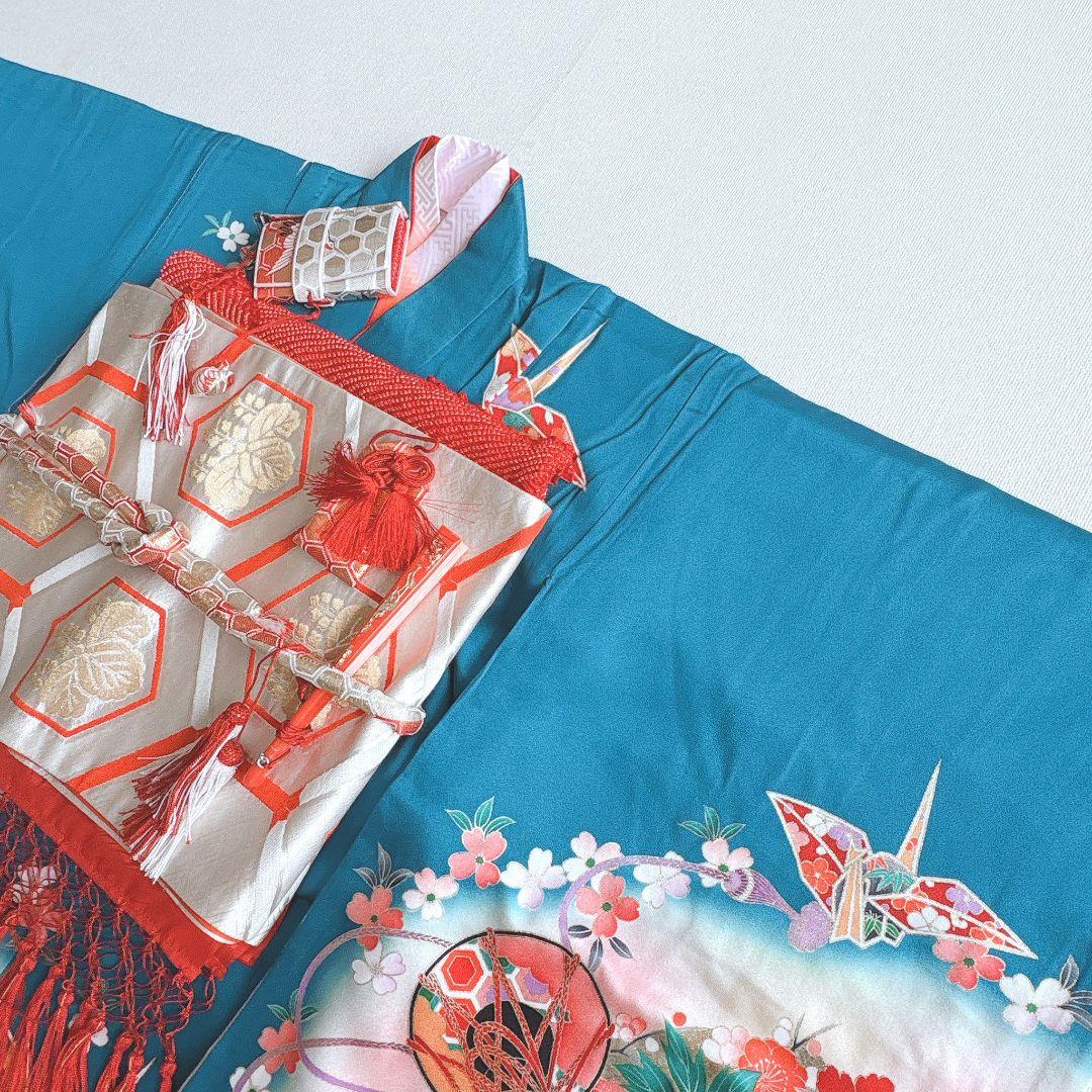 七五三　7歳女の子　フルセット　きもの　青系　金プリント　花鼓　折り鶴　7285