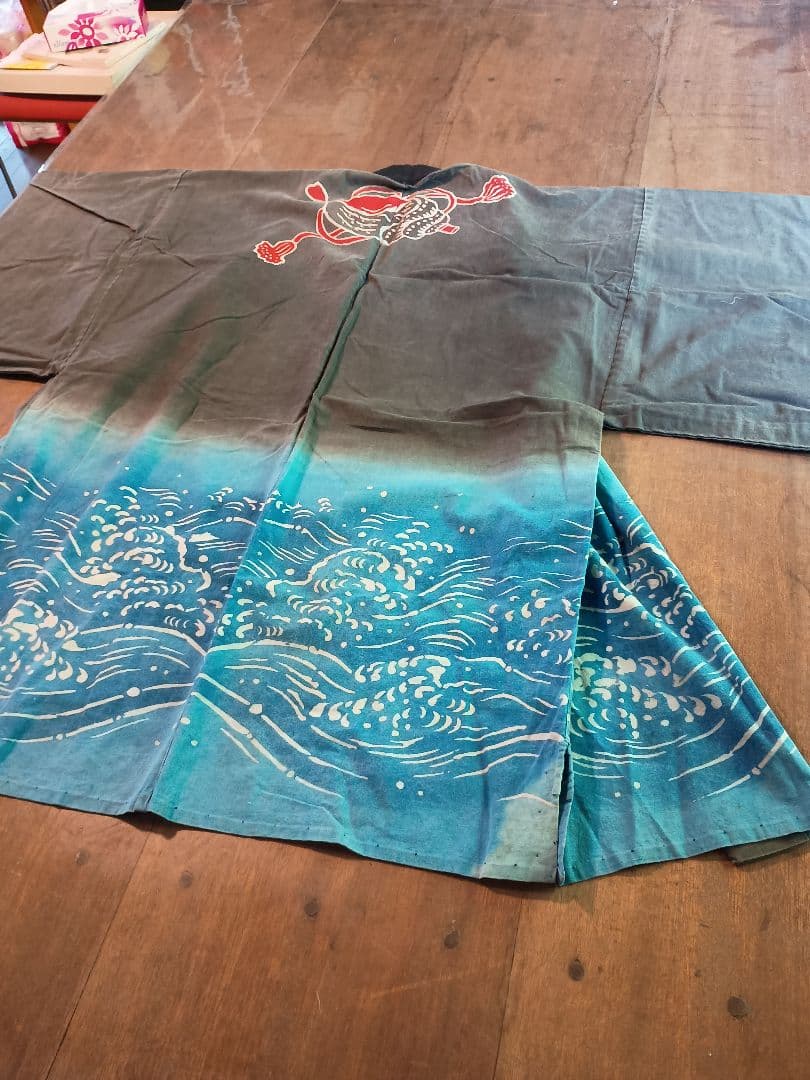 木綿の筒描 はんてん 波に ほら貝 古布