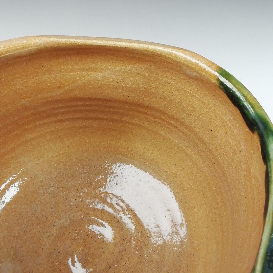 Ｔ６１　茶碗　『赤織部』『波車に千鳥』『菊泉窯　田中源彦造』共箱　抹茶碗　茶道具