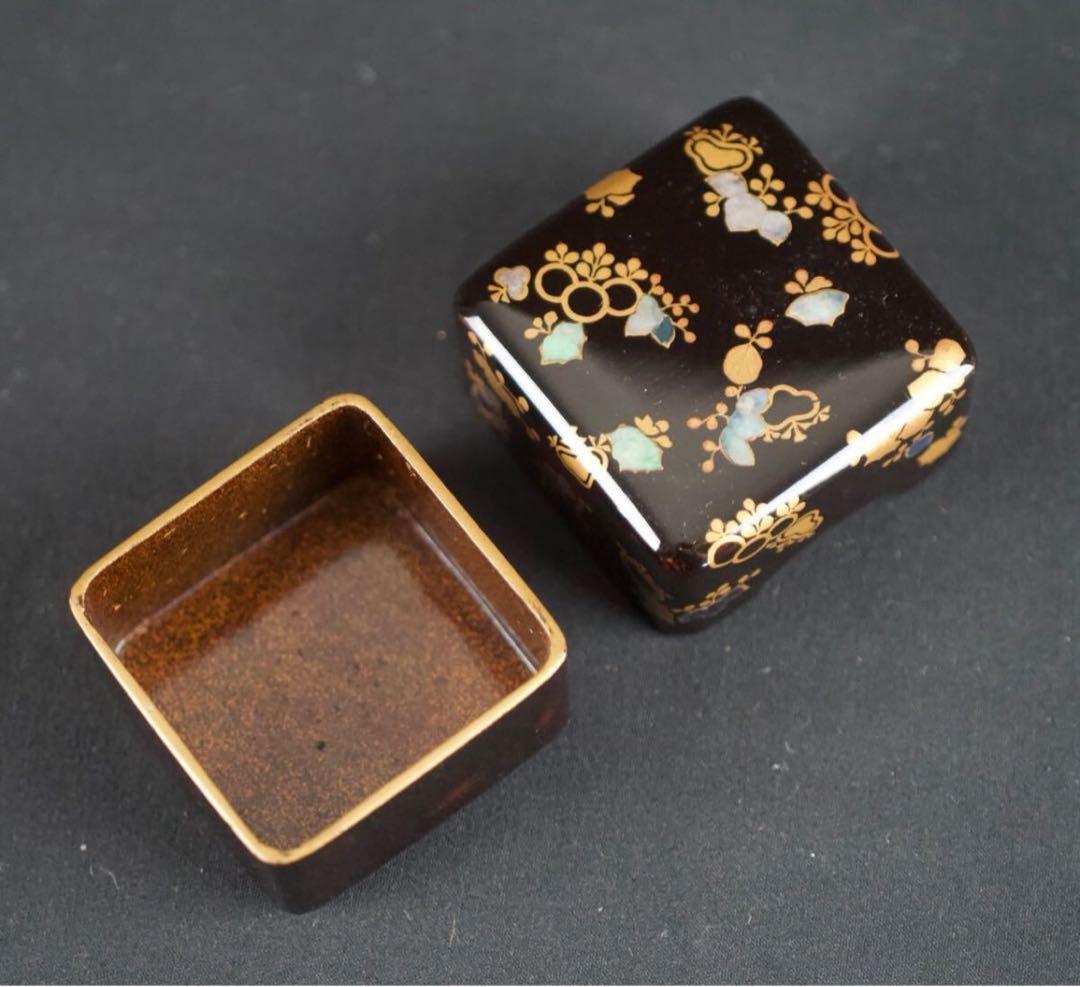 時代漆器 桐蒔絵 内梨地 貝入小箱 共箱 螺鈿細工 古美術 茶道具