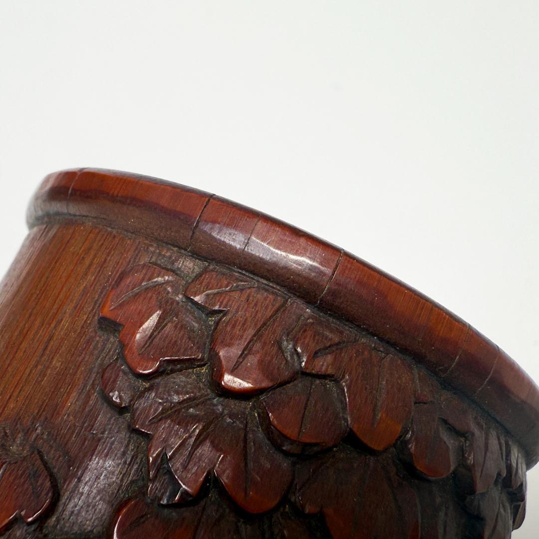 中国美術 竹製 彫刻 筆筒 筆立 書道品 在銘