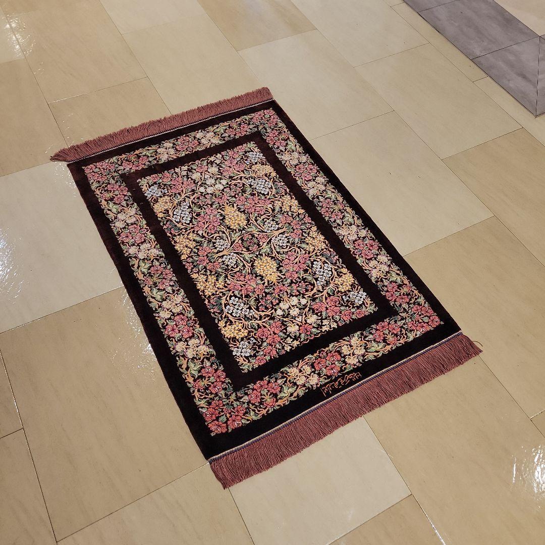 89x62cmペルシャ・クム産(613)玄関・タペストリー・絹・シルクじゅうたん