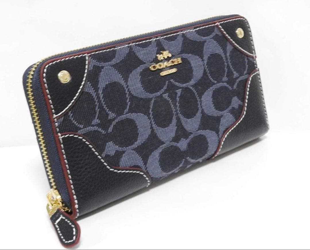 COACH コーチデニムレザー アコーディオン ジップ長財布 ミッドナイトブルー