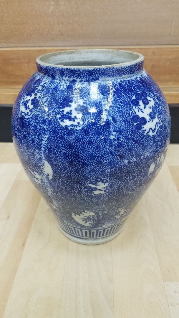 【沈香壺】　印判　微塵　窓絵　鶴亀　松竹梅　時代物　花瓶