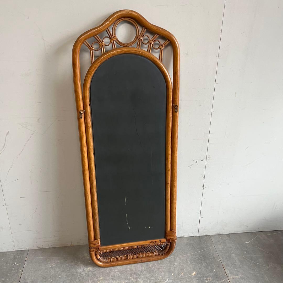 ヴィンテージ ラタン 籐 ウォールミラー 鏡 昭和レトロ