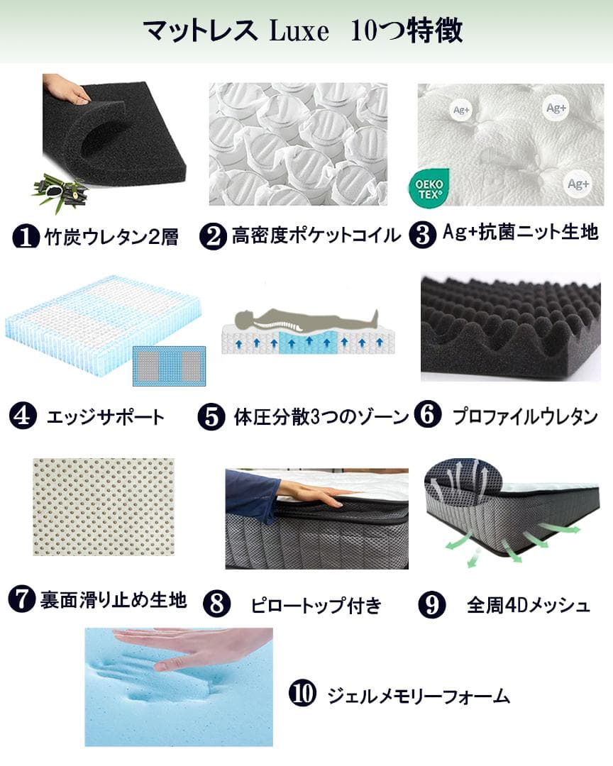 マットレスシングル ベッドマットレス 26cm 硬め 通気ポケットコイル 竹炭