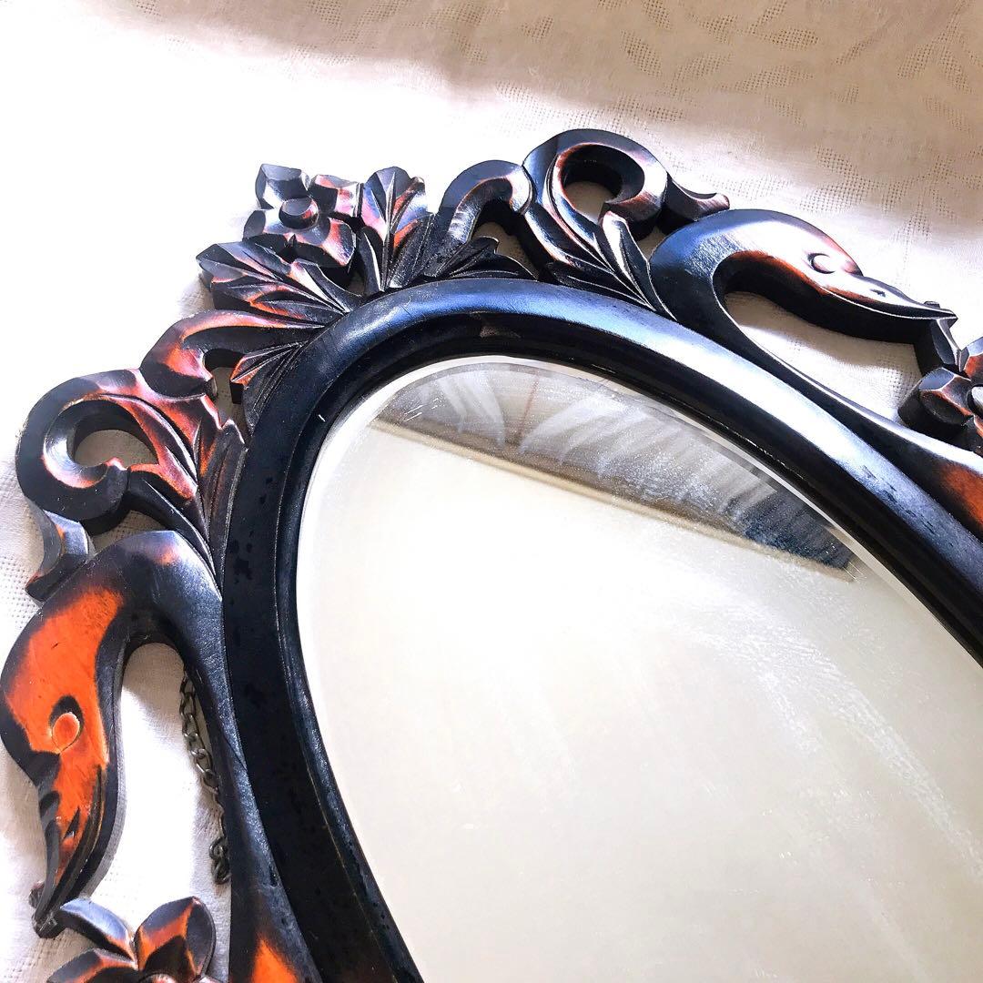 壁掛け式　鏡　木製　アンティーク　レトロ　鶴モチーフ