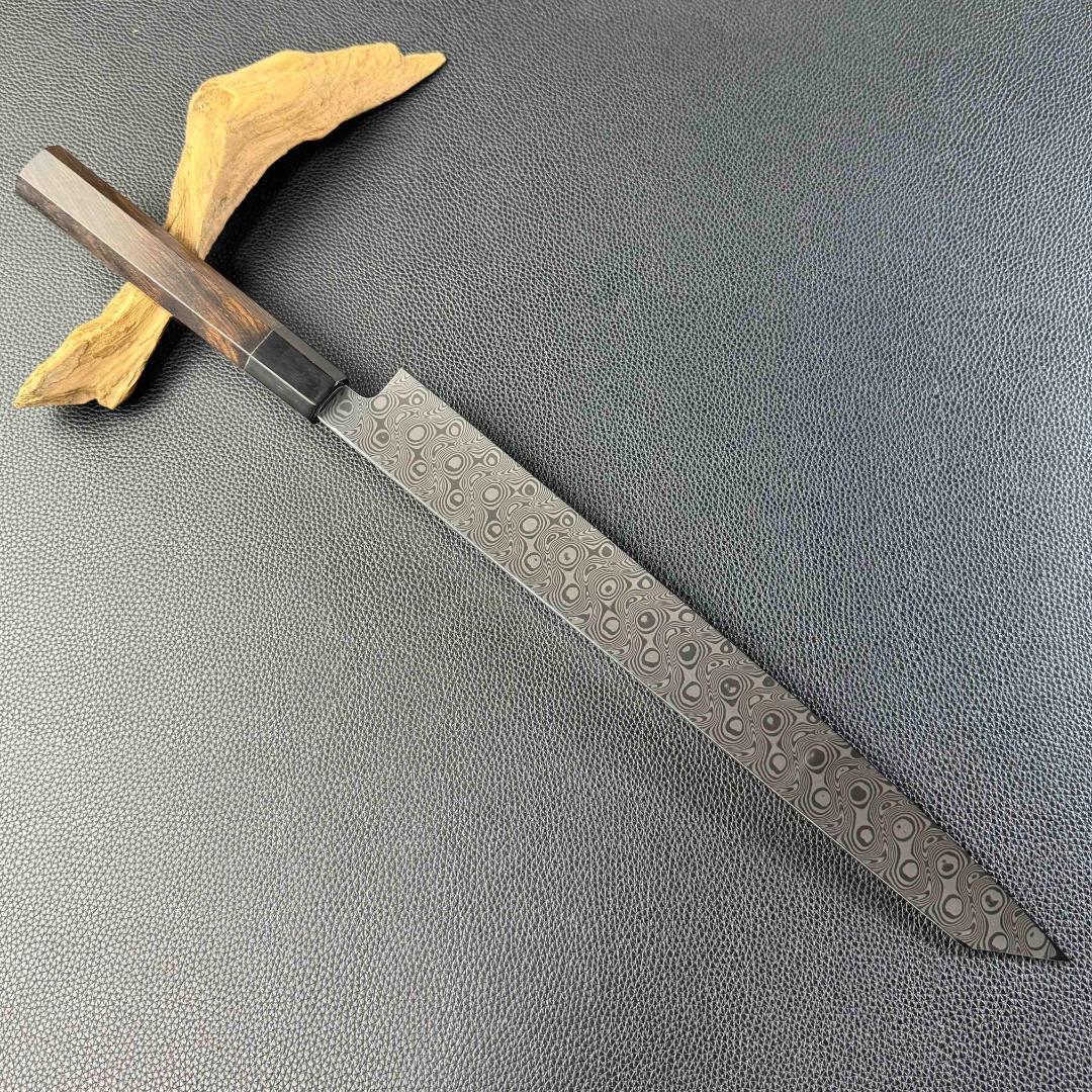 9599 新品 ダマスカス 切付包丁 尺 渦潮紋 105層 黒檀黒水牛角八角柄