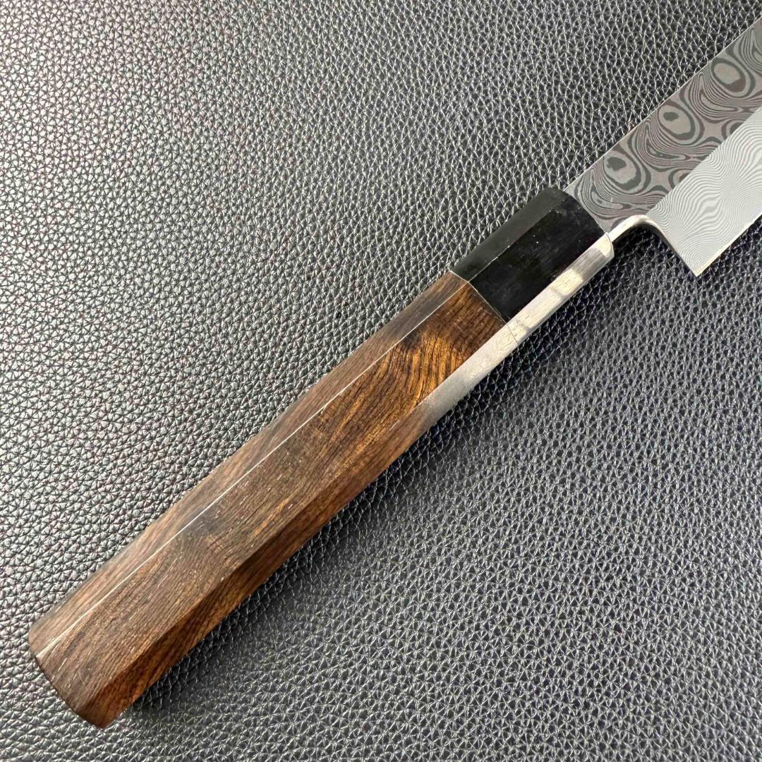 9599 新品 ダマスカス 切付包丁 尺 渦潮紋 105層 黒檀黒水牛角八角柄