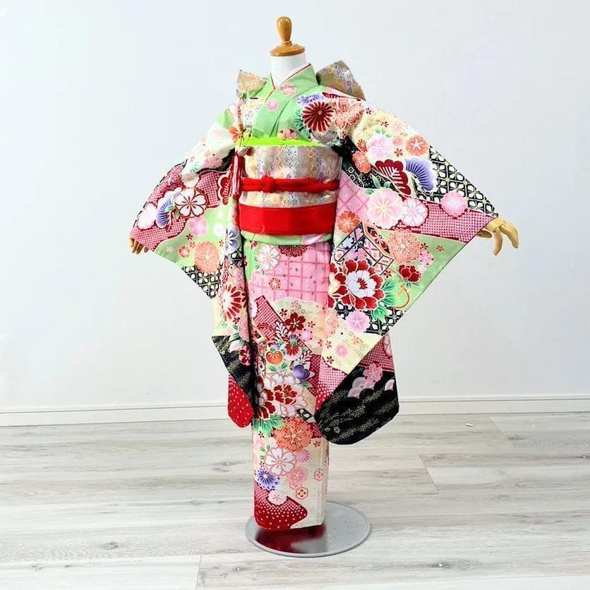 七五三 女の子 7歳 四つ身 着物 帯 筥迫 フルセット 古典 緑 BY10-4