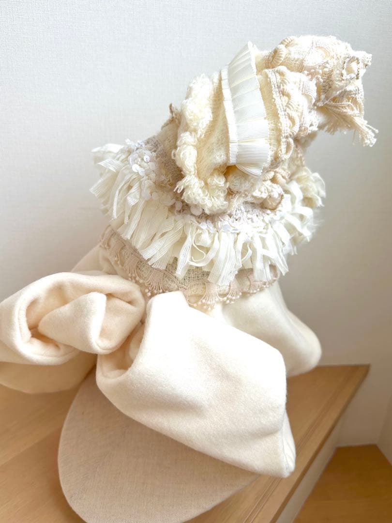 ブレード・フリンジ等パッチワークハット　ウールブリム　オフ白 1点物ハンドメイド