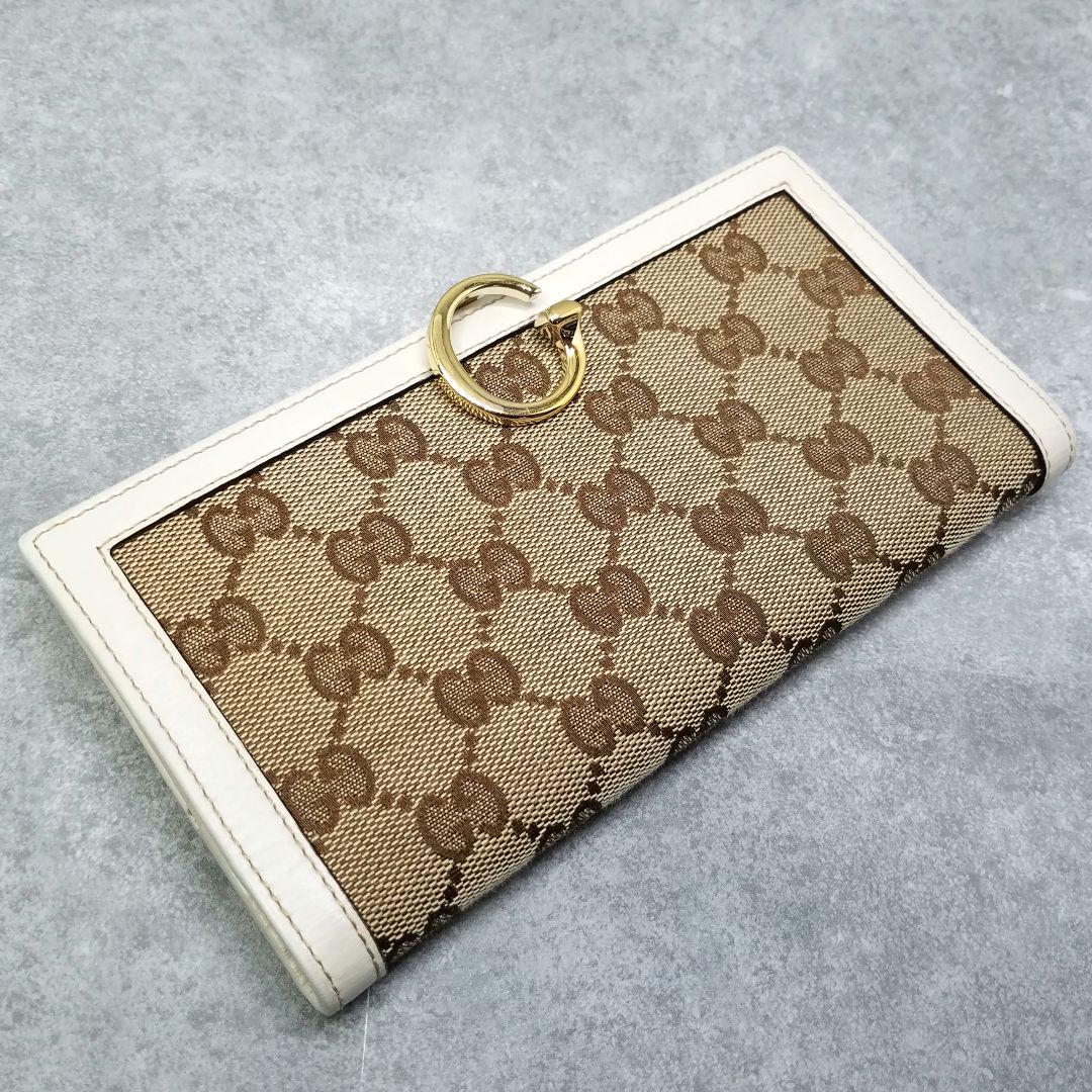 極美品 グッチ GUCCI GGシマ Wホック ホワイト レザー 白 長財布