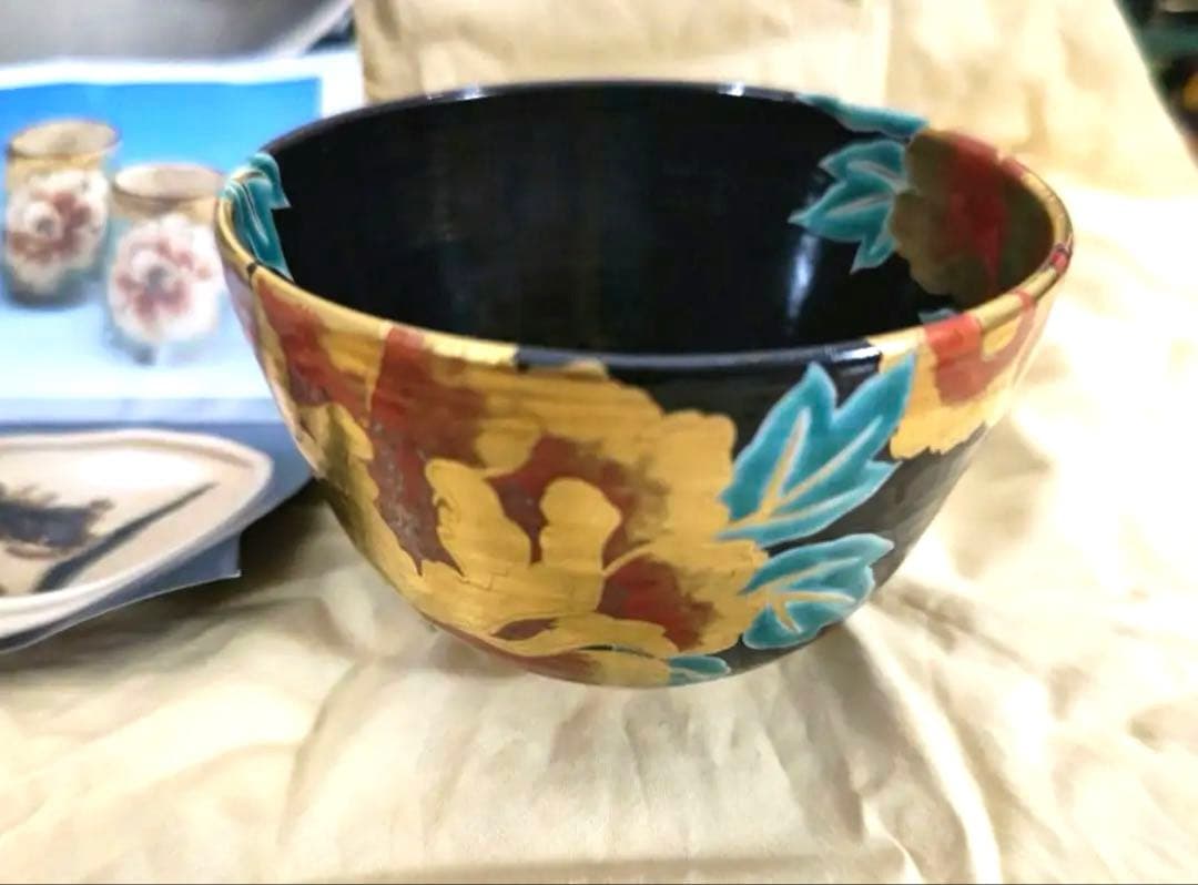 土渕善丕 夜牡丹 金彩 抹茶碗 天目秞に、木の葉紋　久田宗也