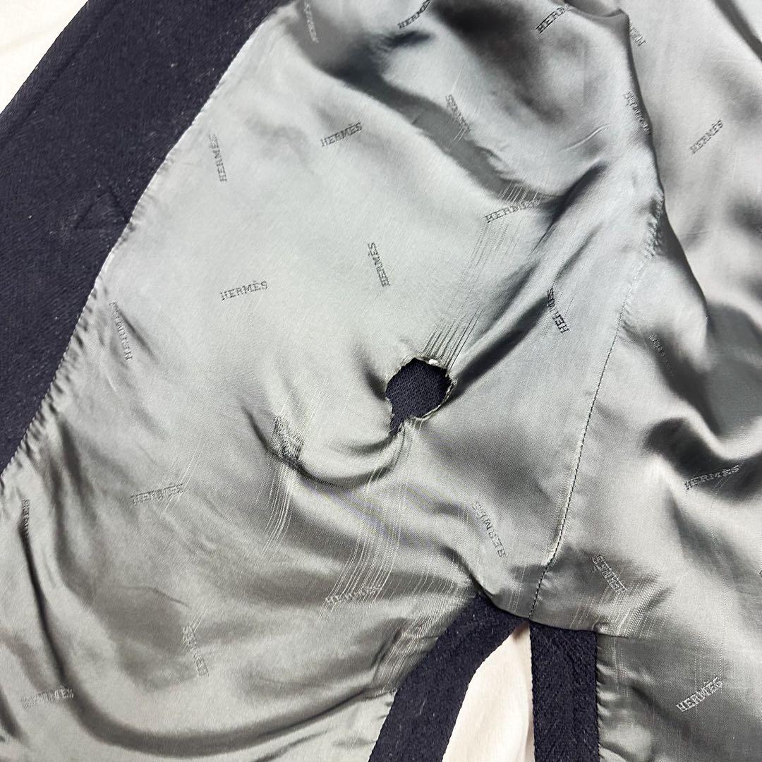 エルメス Lサイズ ダッフルコート ヘリンボーン ダークブルー フード脱着可能