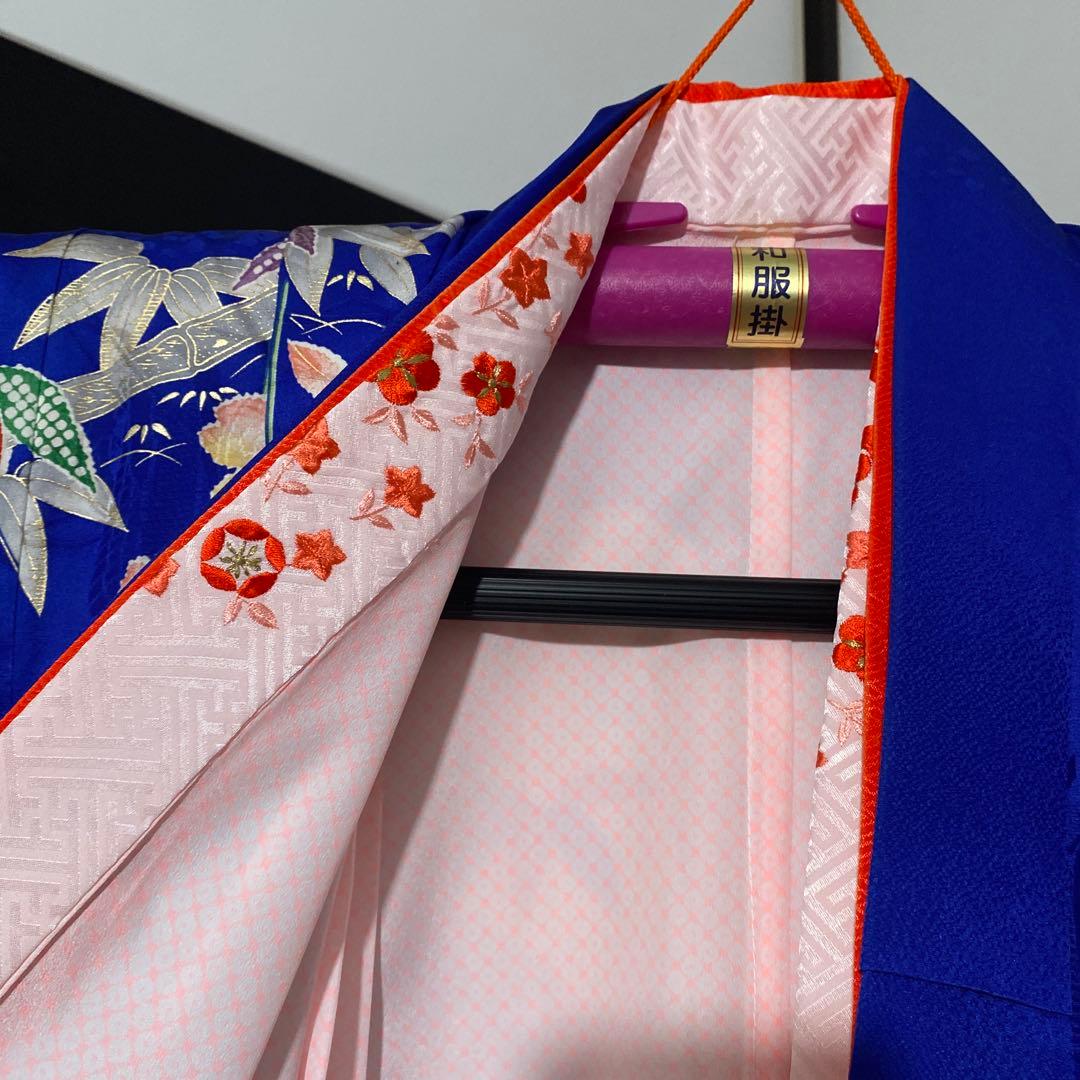 七五三　7歳　青　正絹　着物　このゆびとまれ