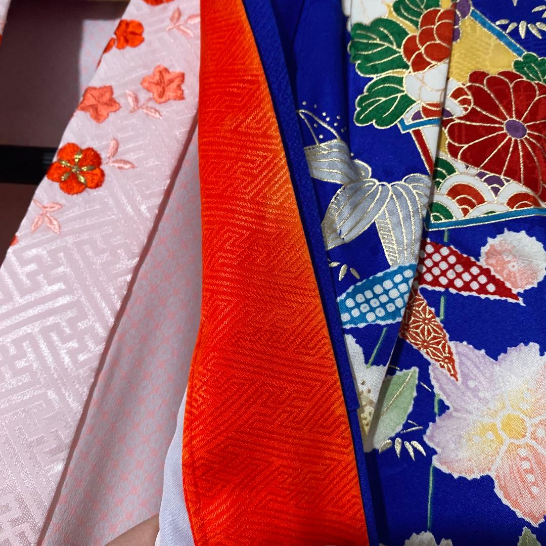 七五三　7歳　青　正絹　着物　このゆびとまれ