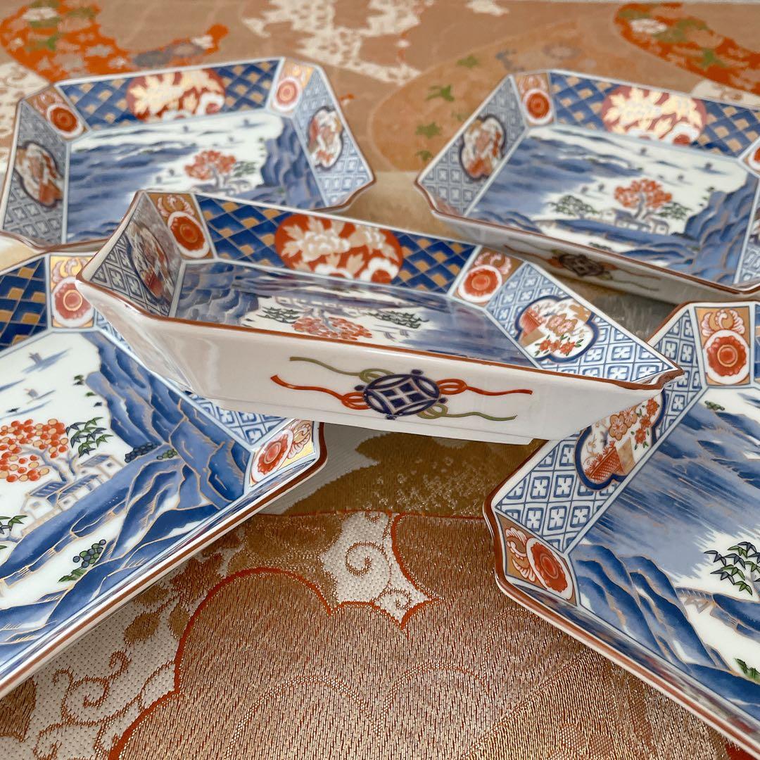 前畑陶器 庫山窯 金彩古伊万里 中皿揃 ５枚セット　角皿 染付山水 色絵 和食器