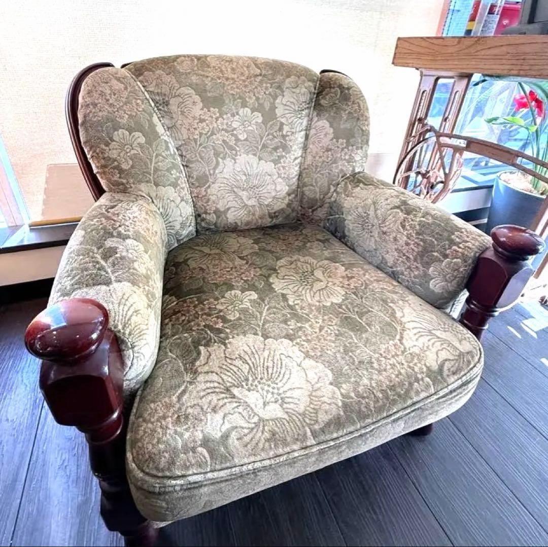 カリモク 1人掛けソファ アームチェア 花柄 ヴィンテージ　金華山織