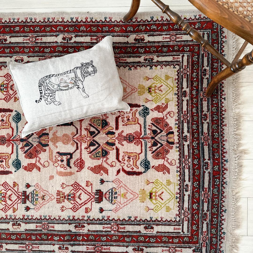 トルコ製ヴィンテージラグ771高級 レア アイボリー レッド イエロー グリーン