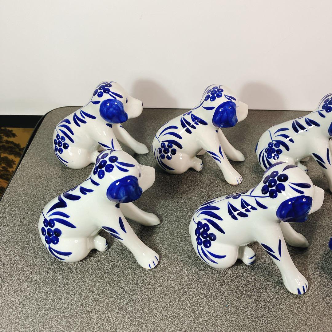 犬の兄弟 陶器 置物 青白 花柄 10体セット 表情違い 犬 ドッグ dog