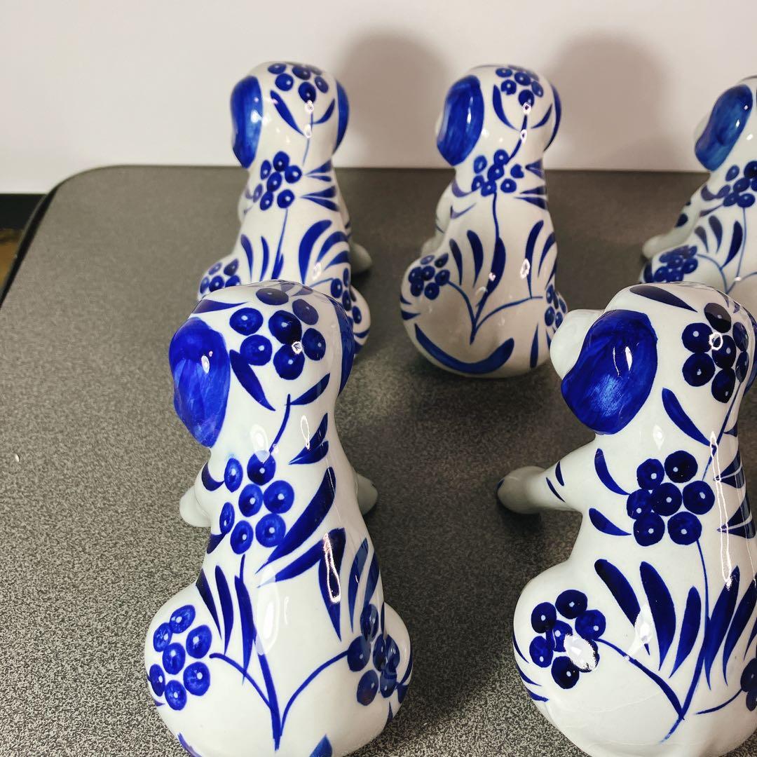 犬の兄弟 陶器 置物 青白 花柄 10体セット 表情違い 犬 ドッグ dog