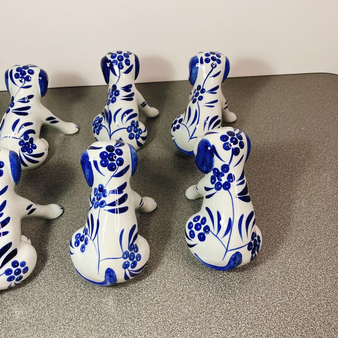 犬の兄弟 陶器 置物 青白 花柄 10体セット 表情違い 犬 ドッグ dog