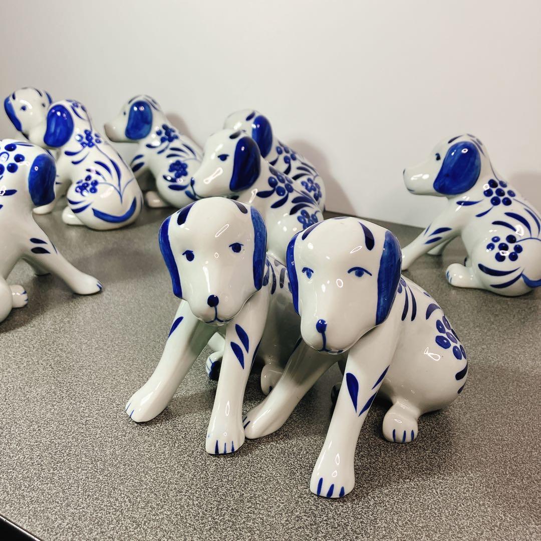 犬の兄弟 陶器 置物 青白 花柄 10体セット 表情違い 犬 ドッグ dog