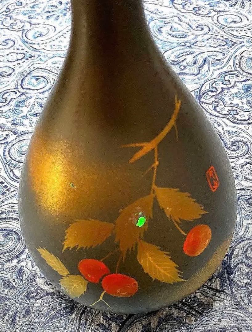 金運爆上げ　風水最高！山形限定品縦15cm最高級特殊朱銅製さくらんぼ花瓶　月山釜