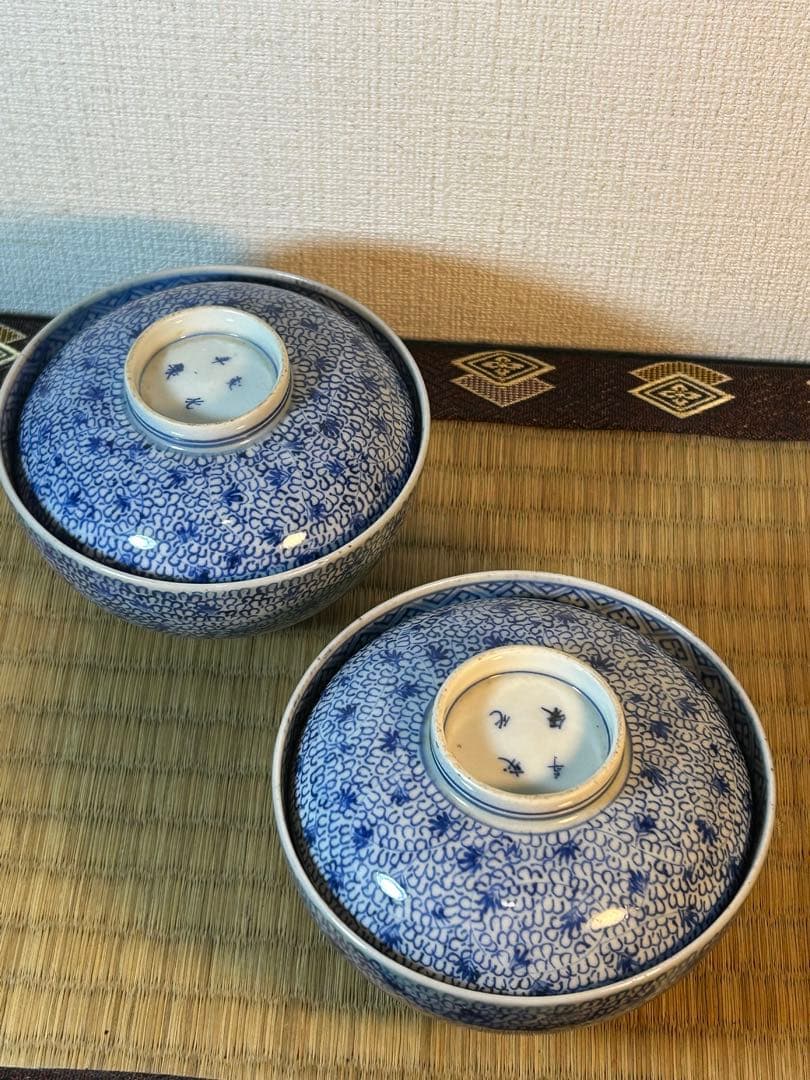 古伊万里染付 微塵唐草模様飯茶碗 江戸時代後期　2客 無傷