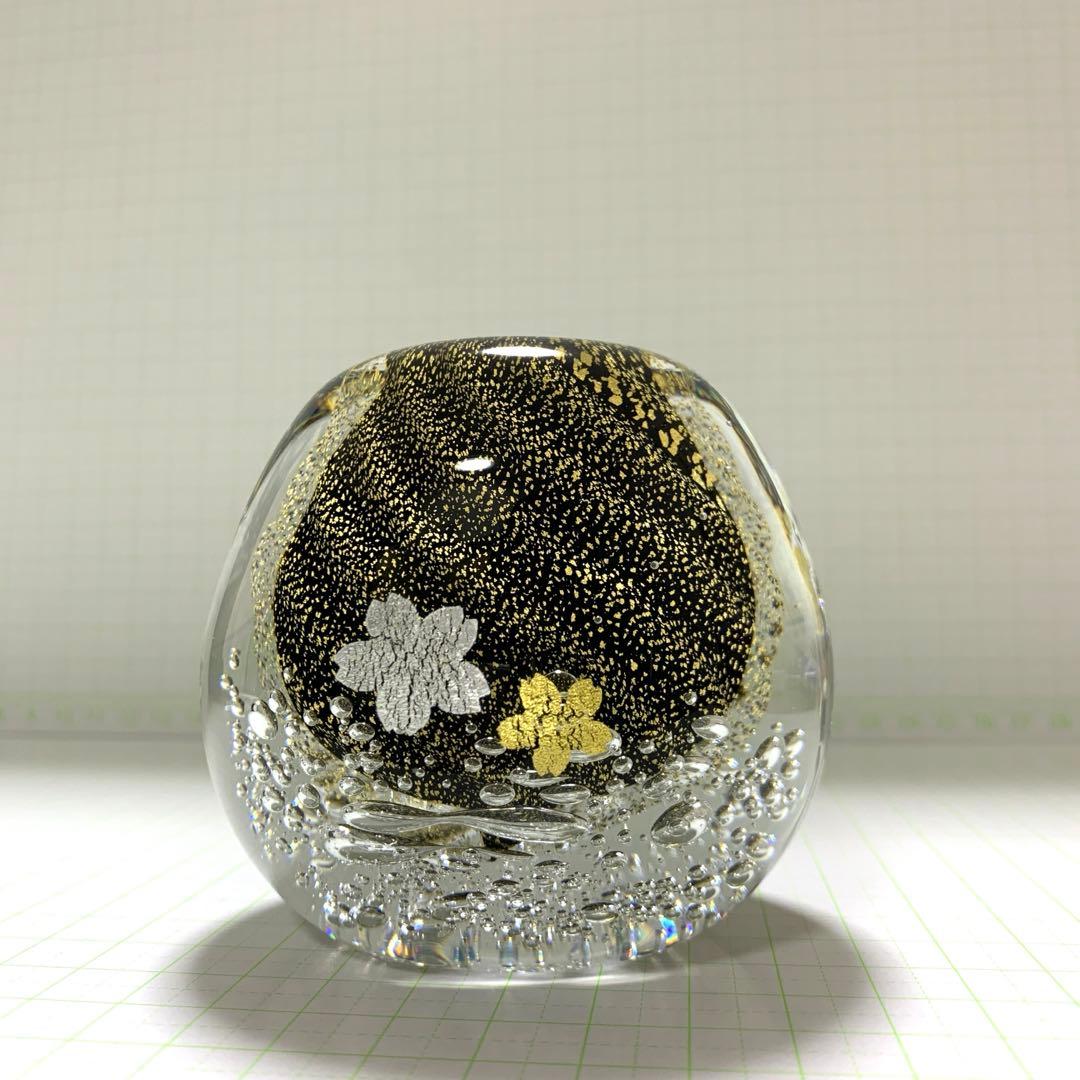 美品　黒木国昭　花器　桜流し　桜雨　金彩銀彩　クリスタル　花瓶　置物