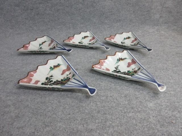 九谷焼角福印色絵山水図扇形皿5枚 [B26226]